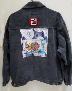 Wearable Art Jeans Jacket (Port Authority) with Canoe Journey and Raven Patch Application